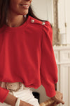 Fiery Red Button Tab Detail Long Sleeve Top-Tops-MomFashion