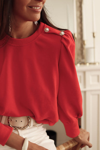 Fiery Red Button Tab Detail Long Sleeve Top-Tops-MomFashion