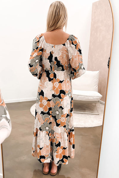 Tie Waist Puff Sleeve Bold Floral Maxi Dress-Dresses-MomFashion