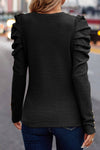 Black Solid Color Textured Buttoned Gigot Sleeve Top-Tops-MomFashion