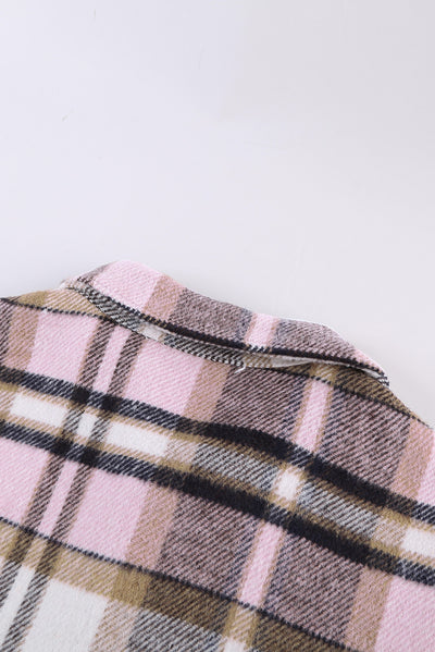 Pink Geometric Plaid Print Pocketed Shacket-Outerwear-MomFashion