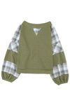 Green Plaid Patch Waffle Knit Exposed Seam Bubble Sleeve Top-Tops-MomFashion