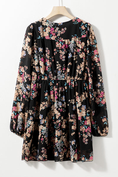 Black Floral Smocked Round Neck Ruffle Tiered Dress-Dresses-MomFashion