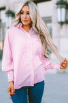 Pink Smocked Cuffed Striped Boyfriend Shirt with Pocket-Tops-MomFashion