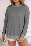 Gray Crew Neck Ribbed Trim Waffle Knit Top-Tops-MomFashion