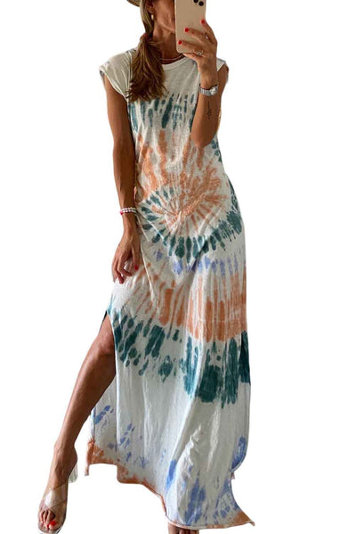 White Cap Sleeve Tie Dye Long Slit Dress-Dresses-MomFashion