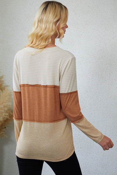 Orange Striped Color Block Henley Top-Tops-MomFashion