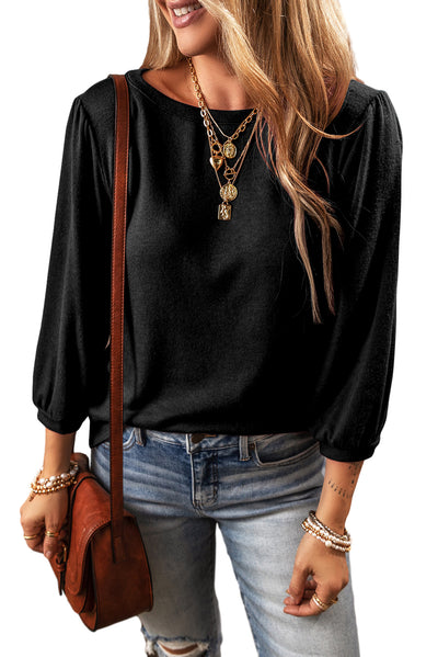 Black Solid Color 3/4 Sleeve Round Neck Blouse-Tops-MomFashion