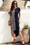 Black Contrast Solid Leopard Short Sleeve T-shirt Dress with Slits-Dresses-MomFashion