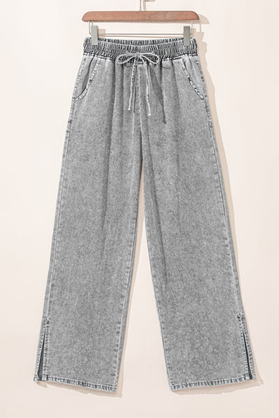 Medium Grey Drawstring Elastic Waist Wide Leg Jeans-Bottoms-MomFashion