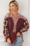 Fiery Red Floral Plaid Mixed Print Bishop Sleeve Patchwork Top-Tops-MomFashion