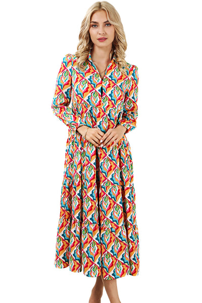 Multicolor Abstract Geometric Print Long Sleeve High Waist Dress-Dresses-MomFashion