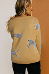 Camel Fuzzy Cheetah Accent Round Neck Sweater-Tops-MomFashion