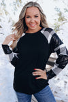 Black Sequin Plaid Patchwork Raglan Sleeve Top-Tops-MomFashion