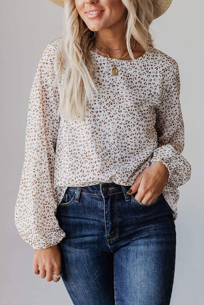 Leopard Crew Neck Long Sleeve Blouse-Tops-MomFashion