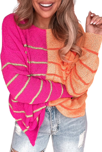 Multicolour Striped Color Block Loose Fit Knit Sweater-Tops-MomFashion