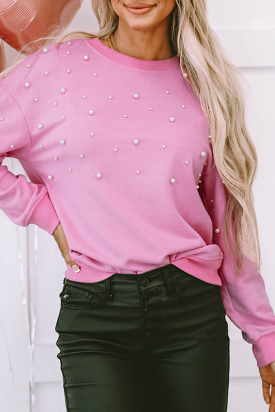 Bonbon Pearl Detail Ribbed Crew Neck Sweatshirt-Tops-MomFashion