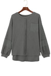 Gray Exposed Seam Patchwork Bubble Sleeve Waffle Knit Top-Tops-MomFashion