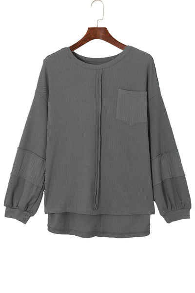 Gray Exposed Seam Patchwork Bubble Sleeve Waffle Knit Top-Tops-MomFashion