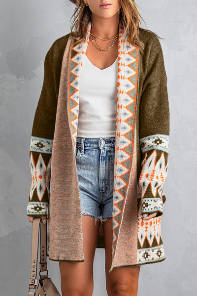 Brown Aztec Print Open Front Knitted Cardigan-Tops-MomFashion