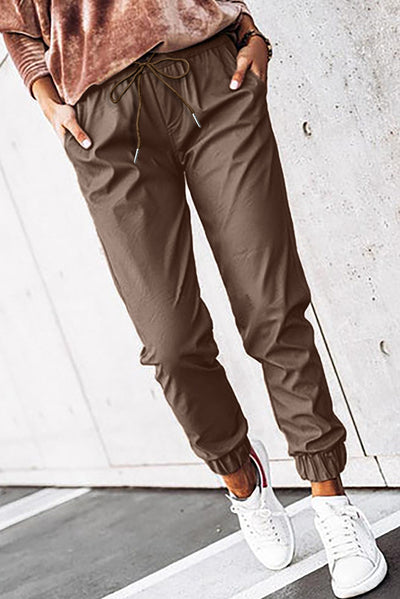 Brown Leather Tie Waist Jogger Pants-Bottoms-MomFashion