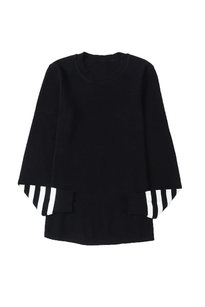 Black Striped Sleeve Plain Knit Sweater-Tops-MomFashion