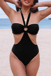 Black Halter O-ring Ruched Bust One Piece Swimsuit-Swimwear-MomFashion