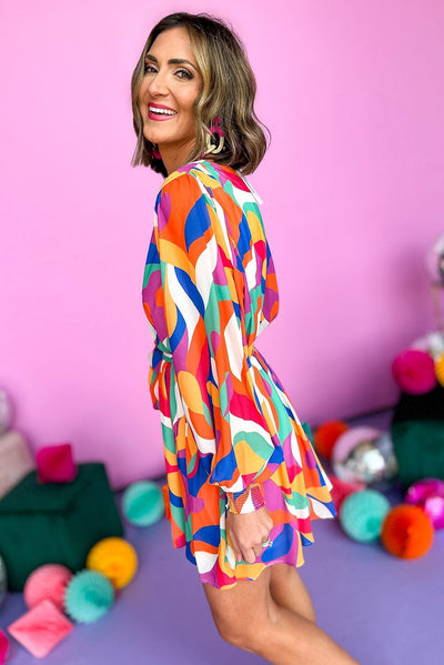 Multicolor Abstract Printed Belted Puff Sleeve Mini Dress-Dresses-MomFashion