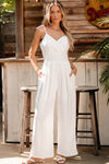 Beige Spaghetti Straps Pleated High Waist Wide Leg Jumpsuit-Bottoms-MomFashion