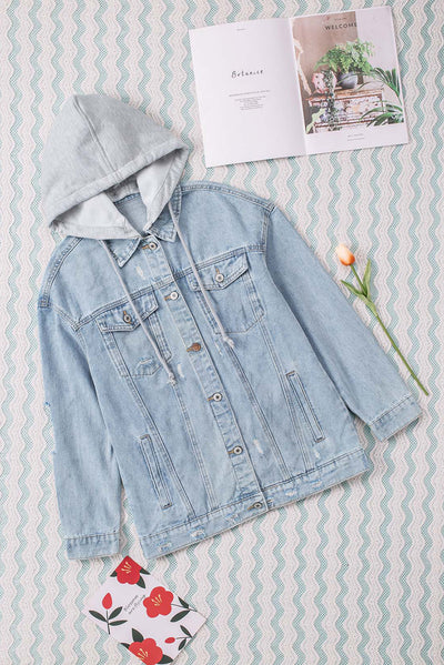 Sky Blue Button Closure Ripped Hooded Denim Jacket-Outerwear-MomFashion