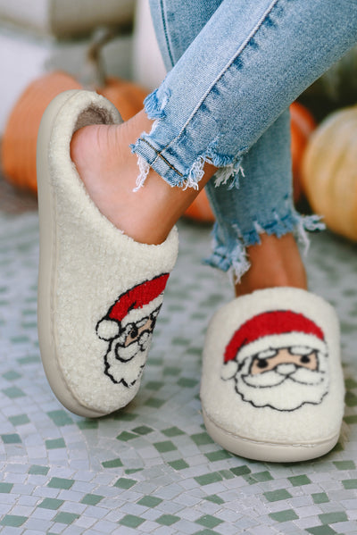 White Christmas Santa Clause Graphic Plush Slippers-Shoes & Bags-MomFashion