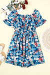 Blue Square Neck Ruffle Floral Dress-Dresses-MomFashion