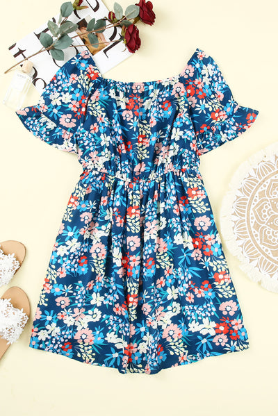 Blue Square Neck Ruffle Floral Dress-Dresses-MomFashion