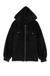 Black Flap Pocket Drawstring Hood Zip Up Jacket-Outerwear-MomFashion