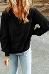 Black Lace Waffle Patchwork Strappy V Neck Long Sleeve Top-Tops-MomFashion