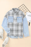 Sky Blue Plaid Patchwork Fringed Flap Pockets Denim Jacket-Outerwear-MomFashion