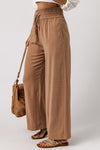 Brown Drawstring Elastic Waist Casual Wide Leg Pants-Bottoms-MomFashion