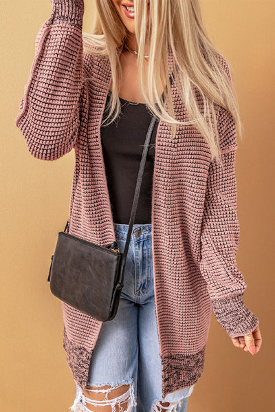 Pink Plaid Knitted Long Open Front Cardigan-Tops-MomFashion