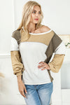 Khaki Exposed Seam Color Block Patchwork Top-Tops-MomFashion