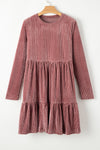 Pale Chestnut Long Sleeve Tiered Ribbed Velvet Dress-Dresses-MomFashion