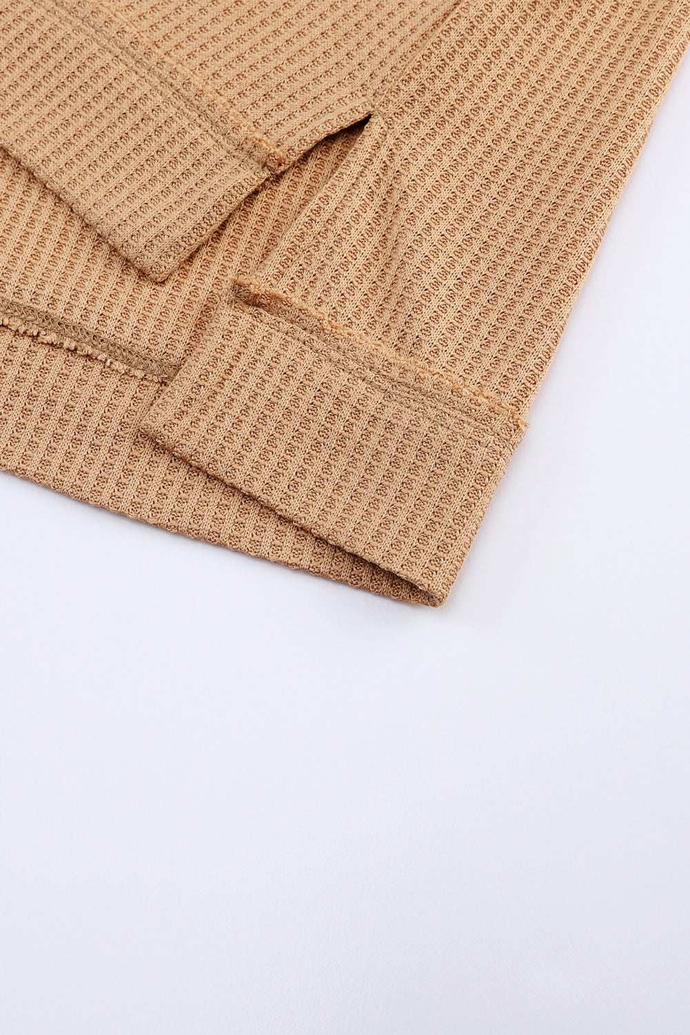 Apricot Lace Waffle Patchwork Strappy V Neck Long Sleeve Top-Tops-MomFashion