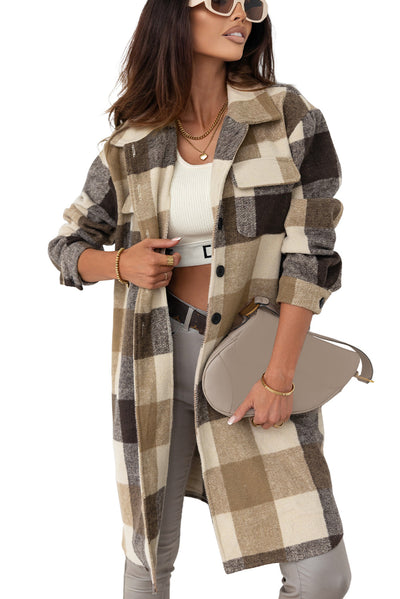 Khaki Plaid Button-Down Flap Pocket Long Shacket-Outerwear-MomFashion