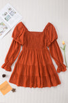 Brown Boho Solid Shirred Ruffle Mini Dress-Dresses-MomFashion