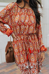 Orange Western Pattern Print Lantern Sleeve Drawstring Mini Dress-Dresses-MomFashion