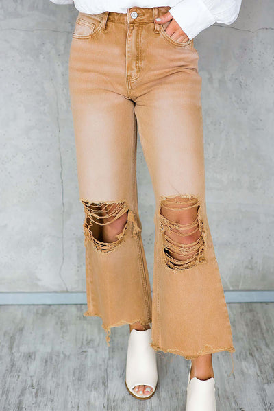 Brown Distressed Hollow-out High Waist Cropped Flare Jeans-Bottoms-MomFashion