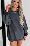 Gray Solid Ribbed Knit Round Neck Pullover Sweatshirt-Tops-MomFashion