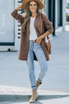 Brown Horizontal Rib Knitted Open Front Hooded Cardigan-Tops-MomFashion