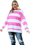 Pink Striped Side Slit Plus Size Sweatshirt-Plus Size-MomFashion