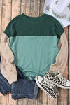 Green Color Block Long Sleeve Ribbed Loose Top-Tops-MomFashion