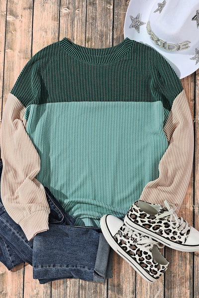 Green Color Block Long Sleeve Ribbed Loose Top-Tops-MomFashion